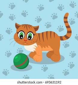 Cute ginger kitten playing with a green ball. 