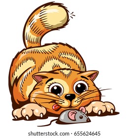 Cute ginger kitten playing with mouse vector illustration