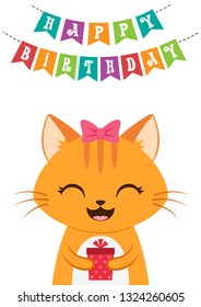 Cute ginger kitten with a present in paws. Happy birthday card or party invitation. Vector illustration
