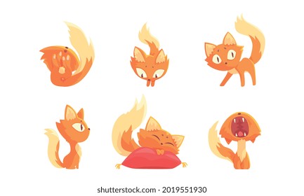 Cute Ginger Kitten Sleeping on Pillow and Yawning Vector Set