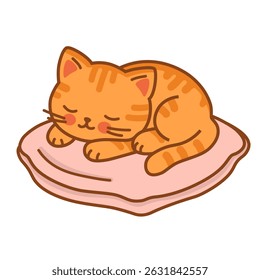 Cute ginger kitten sleeping on a pillow vector illustration, isolated on white background.
