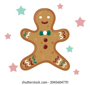 Aislado un hombre de jengibre. Pan de jengibre tradicional de Navidad decorado. Gracioso personaje de galletas dulces. Ilustración dibujada a mano por vectores.