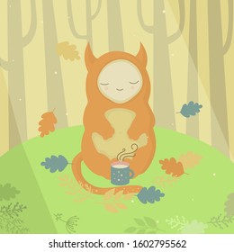 Cute ginger monster and mug of tea in autumn wood. Vector illustration.