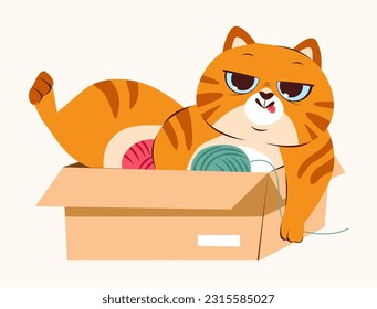 Cute ginger playful cat. The cat in the box is playing with a ball of thread. Cartoon flat vector illustration.
