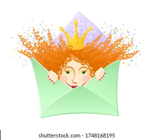 Cute ginger princess girl in the envelope. Letter mailing concept. Design for invitation or greeting card. Colourful vector illustration isolated on white background