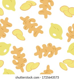 Cute ginger root with lemon doodle seamless vector pattern. Healthy food & spices repeating autumn background illustration isolated on white background. Sliced & whole ginger with citrus fruit. 