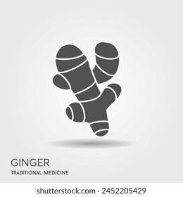 Cute ginger root plant isolated on white background. Spicy herb pictogram with shadow