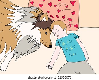 Cute ginger rough collie dog is lying near and takes care of an adorable baby boy. Both are on sofa at home and they relaxing, sleeping, dreaming together