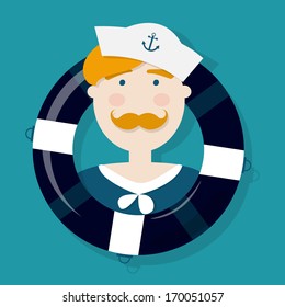 Cute ginger sailor cartoon character in a lifebuoy