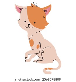 Cute ginger spotted cat in flat cartoon style. Favorite pet on white background. Vector illustration for cards, stickers, banners, etc.