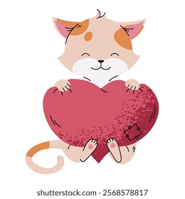 Cute ginger spotted cat with soft heart in flat cartoon style. Favorite pet on white background. Valentine's day vector illustration for cards, stickers, banners, etc.