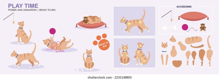 Cute Ginger Tabby Katze Abendessen Zeit, essen Snacks Fisch, mehrere Posen, Positionen. Vektorgrafik zerbrochen, fertig zum Reiten und Animieren, Cartoon Katze spielen Essen. Animation