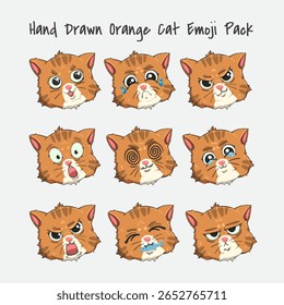 Cute ginger tabby cat emoji set with 9 kawaii expressions. Flat colorful vector illustration for stickers, icons, pet designs, and children’s clipart