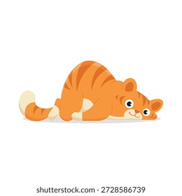 Niedlicher Ingwer tabby Katze, die flach auf dem Bauch liegt, Charaktergrafik einzeln auf weißem Hintergrund für Tierliebhaber und tierärztliches Design