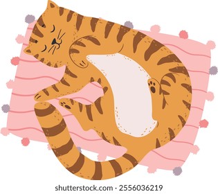 Cute ginger tabby cat sleeping peacefully on a pink cushion, enjoying a relaxing nap, curled up and cozy, creating a heartwarming scene of feline contentment