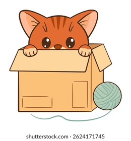 Cute ginger tabby kitten hiding in a box. Hand drawn Flat style, clean, simple. Perfect for children’s content, greeting cards, stickers, tshirts, mug and posters. Vector illustration 