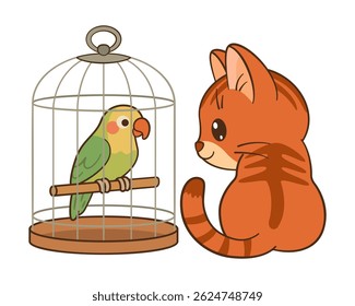 Cute ginger tabby kitten looking at a green parrot in birdcage. Hand drawn chibi flat style icon for children’s books, stickers, mugs, pet care content, cheerful digital art. Vector illustration