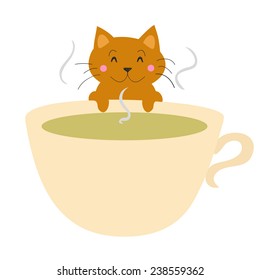 Cute ginger vector cat with hot cup of tea