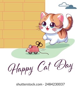 A cute ginger and white cat is chasing a toy mouse outdoors. Vector illustration in a flat style.