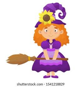 Cute ginger witch with broom. Halloween vector illustration