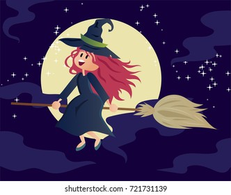 Cute ginger witch Halloween cartoon character flying on a broomstick