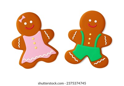 Cute gingerbread 3d render. Cookies christmas style, male and female gingerbreads characters. Sweet holiday food, bakery vector elements