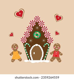 Cute gingerbread brown house. Christmas cookies and candy. Stock vector illustration