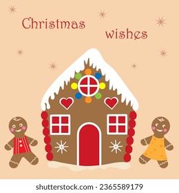 Cute gingerbread brown house with red windows and gingerbread people. Christmas cookies and candy. Stock vector illustration