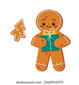 Cute gingerbread character with a gift. Merry Christmas. Vector graphic.