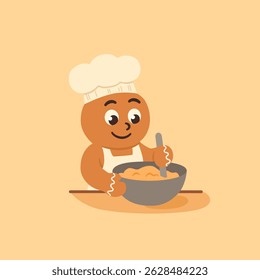 Cute gingerbread character mixing dough in a bowl with a spoon. 