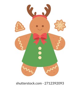 Lindo personaje de pan de jengibre en un sombrero de Santa con detalles de glaseado y un lazo rojo. Un dulce festivo perfecto para diseños de Navidades, pegatinas, tarjetas e ilustraciones navideñas.