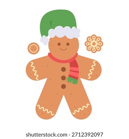 Personagem de gengibre bonito em um chapéu de Papai Noel com detalhes de glacê e um arco vermelho. Um doce deleite festivo perfeito para designs de Natal, adesivos, cartões e ilustrações de férias.