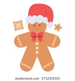Personagem de gengibre bonito em um chapéu de Papai Noel com detalhes de glacê e um arco vermelho. Um doce deleite festivo perfeito para designs de Natal, adesivos, cartões e ilustrações de férias.