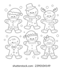 Cute gingerbread characters printable coloring page, santa claus, snowman, reindeer, elf, boy and girl. Outline flat vector graphic illustration