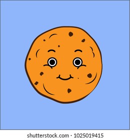 Cute gingerbread chocolate cookie flat vector illustration smiling face on blue background baking bakery food happiness love nutrition cafe eating homemade holidays icon cartoon comics character logo.