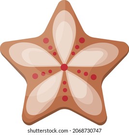 Cute gingerbread Christmas cake. New Year s gingerbread in the shape of a star decorated with patterns. Festive pastries. Christmas cookies in the shape of a house. Vector illustration isolated