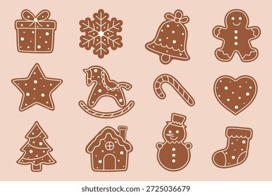 Ícone bonito de Natal de biscoito de gengibre com formas de feriado e cor de biscoito quente. Elementos decorativos festivos para cartão de inverno, adesivo, embalagem e design sazonal.