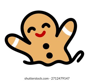 Cute gingerbread cookie character waving with cheerful expression, festive holiday symbol in bright playful winter style for Christmas celebration themes. Vector illustration.