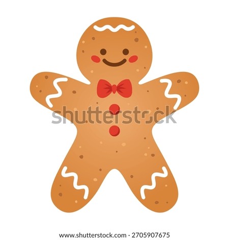 Cute gingerbread cookie man decorated with icing. Winter holidays or food theme. Single element. Vector illustration isolated on white background.