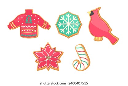 Cute gingerbread cookie set Christmas vector graphics collection. Holiday sugar cookies isolated on white background. Cartoon vector illustration. Gingerbread poinsettia, snowflake, candy cane, etc.