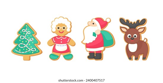 Cute gingerbread cookie set Christmas vector graphics collection. Holiday sugar cookies isolated on white background. Cartoon vector illustration. Gingerbread Santa, Mrs. Claus, Christmas tree, deer.