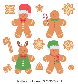 Cute gingerbread cookie set in kawaii style featuring festive characters with hats, scarves, dresses, candy canes and snowflake cookies. Perfect for Christmas designs, stickers and holiday decor.