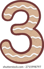 Linda galleta de jengibre en forma de número 3 con azúcar glas blanco. Ilustración vectorial de estilo doodle dibujado a mano para Navidades