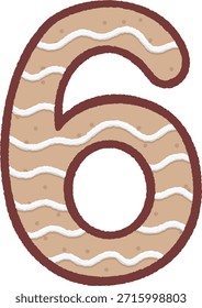 Linda galleta de jengibre en forma de número 6 con azúcar glas blanco. Ilustración vectorial de estilo doodle dibujado a mano para Navidades