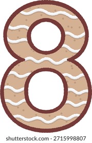 Cute gingerbread cookie in the shape of number 8 with white icing sugar. Hand-drawn doodle style vector illustration for Christmas
