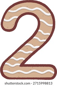 Cute gingerbread cookie in the shape of number 2 with white icing sugar. Hand-drawn doodle style vector illustration for Christmas