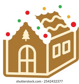 Cute gingerbread cookie in the shape of snowy house decorated with colorful dots candy for christmas decoration simple design vector flat illustration