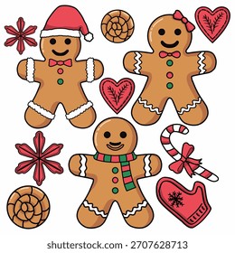 Cute gingerbread cookies christmas elements set. Set of traditional winter sweet biscuits isolated on white background