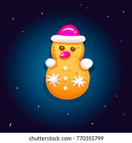 Cute gingerbread cookies for christmas in the form of a snowman. Night sky background. Vector illustration