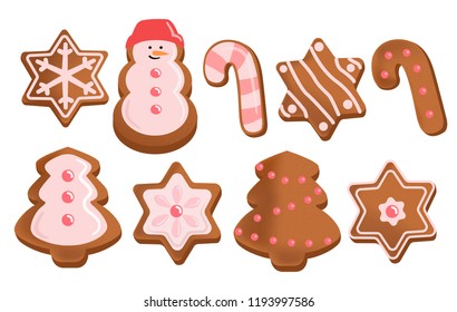 Cute Gingerbread cookies for Christmas. Set of vector illustrations. Isolated on white background 